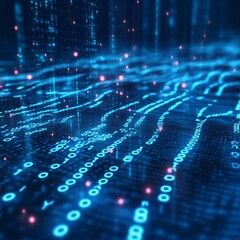 Obraz premium A close-up view of the digital world, depicting intricate data streams, interconnected nodes, and the flow of information within a futuristic digital environment.