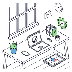 Isometric view of a desk with laptop, tablet, plant, clock, and other office supplies in a bright room