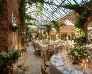 Elegant wedding reception in a sunlit greenhouse, adorned with lush greenery and floral arrangements.