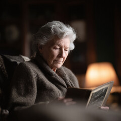 Senior woman gazes at old photo album, lost in memories. Represents nostalgia, aging, reflection, family history. Ideal for healthcare, family themes.