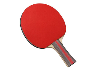 Wooden-handled red ping pong paddle, positioned for competitive play against neutral backdrop