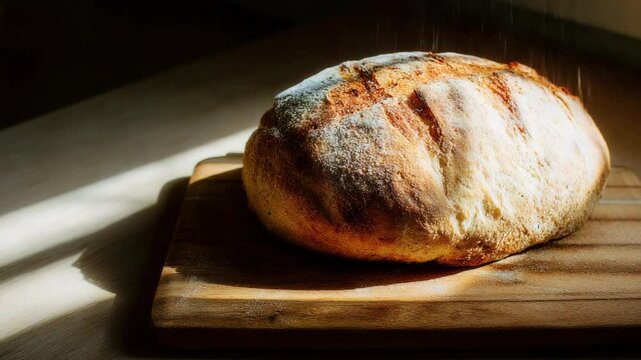 Loaf of bread on wooden cutting board