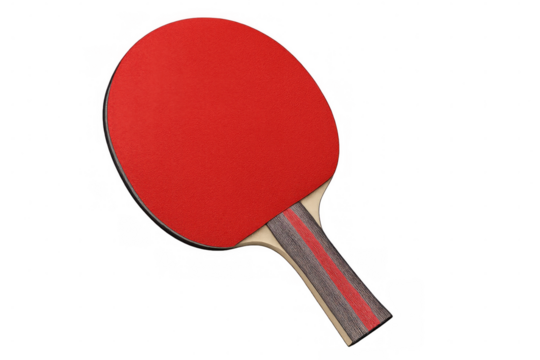 Wooden-handled red ping pong paddle, positioned for competitive play against neutral backdrop