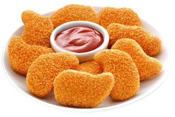 prato com pedaços de frango empanado acompanhado de molho ketchup isolado em fundo transparente