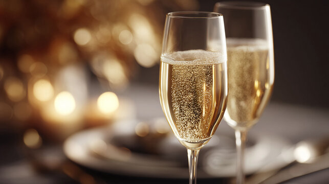 Two elegant champagne flutes, filled with bubbly golden liquid, capture the essence of celebration and luxury, ideal for holidays, romance, or special occasions.
