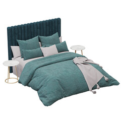 Luxurious teal bedroom set with elegant decor.