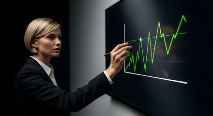 Businesswoman analyzing stock market data on a large interactive display screen