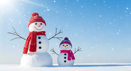 Fototapeta premium Two Happy Snowmen Standing in Fresh Snow