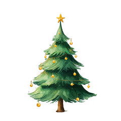 Festive watercolor christmas tree adorned with golden star ornaments and string lights isolated on transparent background