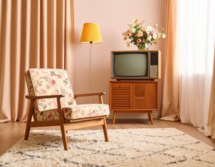 Espacio de estar típico de los 90: sillón floral con tonos pastel, alfombra beige, televisor de tubo sin logotipos, cortinas gruesas y lámpara de mesa