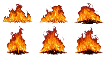 Six distinct, realistic flame graphics varying in size, vibrant yellows and oranges, with crisp contours on a stark white background, no shadows, top-down perspective, commercial demonstration of