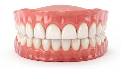 Fototapeta premium A perfectly aligned, healthy set of full dentures or a dental model, showcasing brilliant white teeth and natural-looking pink gums on a clean white background. This image symbolizes oral health, perf