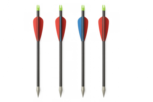 Hunting archery arrows featuring red, blue vanes and green nocks, displayed against transparent background