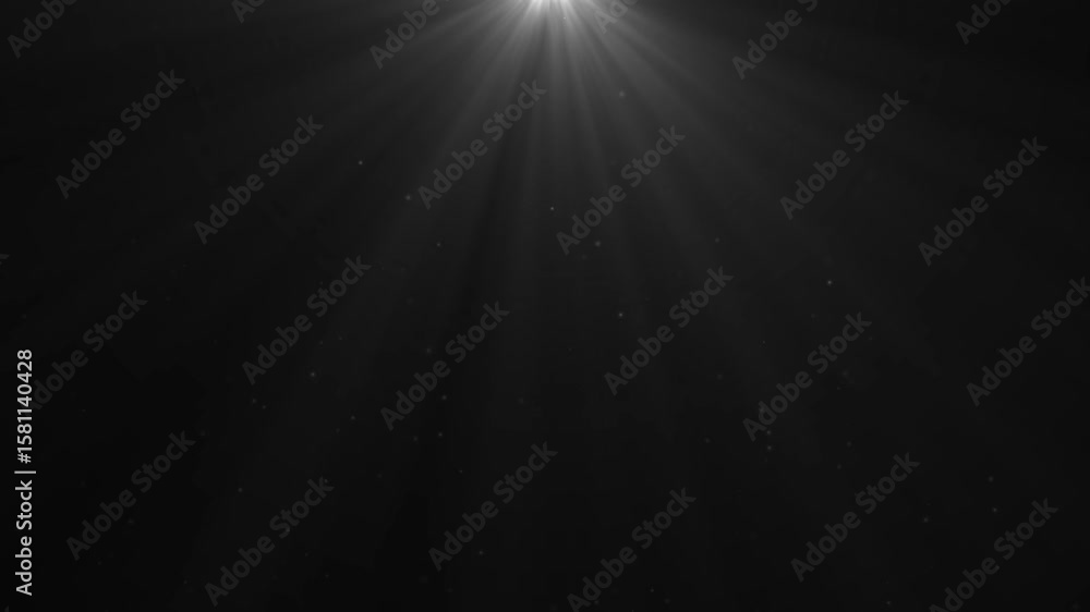 Poster seamless volumetric light from top in dark scene. white lamp rays shine on black background with flo