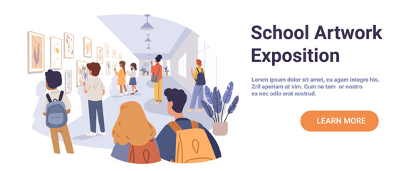 School artwork exposition students viewing paintings gallery hallway creative children backpacks modern interior plants educational event website banner
