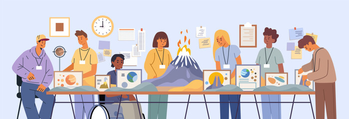 Students science project teamwork volcano experiment diverse group working models charts classroom wall decor educational activity horizontal