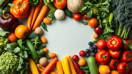 Circular arrangement of fresh produce, vibrant colors under crisp studio lighting.
