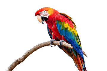 Obraz premium Vibrant Scarlet Macaw Perched On Branch Isolated On White Background Exotic Bird Portrait