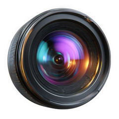 Close up of a camera lens with colorful light reflections and intricate details isolated on transparent background
