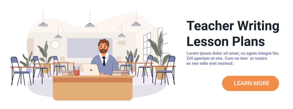 Teacher writing lesson plans classroom laptop desk books plants modern school interior background website banner