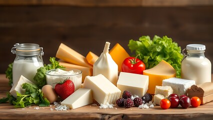 Fresh dairy products neatly arranged on a rustic wooden table in natural light.