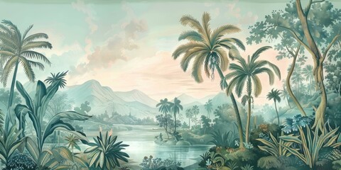 Wallpaper serene tropical landscape painting in pastel tones	