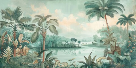 Wallpaper serene tropical landscape painting in pastel tones	