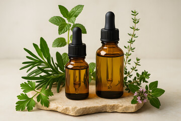 Essence of Nature: Two glass bottles of essential oil, each showcasing their amber hue, are surrounded by diverse assortment of fragrant leaves, evoking a feeling of tranquility and natural wellness.