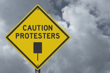 Caution Protesters yellow warning sign with stormy sky
