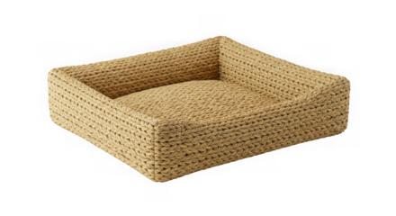 A textured woven pet bed with raised sides isolated on transparent background
