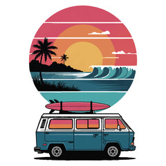 Vector art of a retro surf van is parked on a tropical beach at sunset isolated on white background