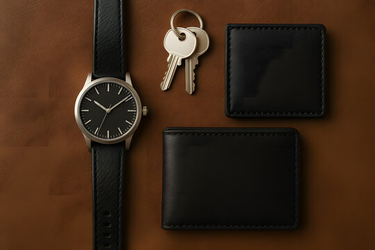 Essential Daily Ensemble: A sophisticated flat lay arrangement of everyday carry items including a modern watch, wallet, keys. The objects are set against a brown surface.