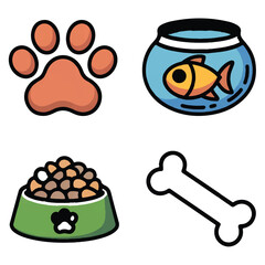Vector art of a set of cute pet icons including a paw print, fish bowl, food dish, and bone, isolated on white background