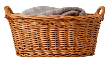 Obraz premium Wicker Basket With Folded Blanket Woven From Natural Materials, Close Up View