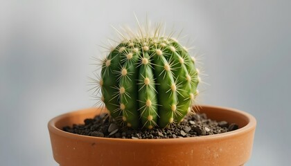 Close-up of a single green cactus in a terracotta pot, white background