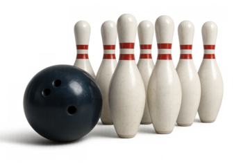 Bowling ball resting near seven aligned pins, illustrating precision bowling game preparation against clean transparent backdrop