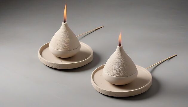 Beige ceramic incense holders on textured stone bases, Ceramic workshop in pottery studio., created with generative ai