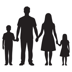 Vector art of a silhouette of a family of four holding hands isolated on white background