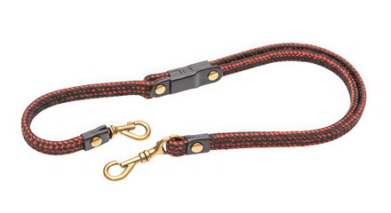 Durable braided rope dog leash with brass clips and leather accents isolated on transparent background