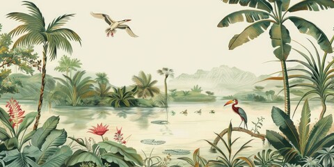 Wallpaper serene tropical landscape painting in pastel tones