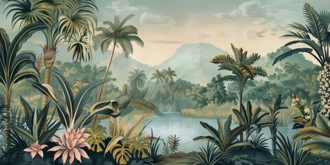 Wallpaper serene tropical landscape painting in pastel tones	
