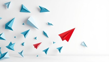 Bold Red Paper Airplane Leading Many Blue Paper Planes on a Bright White Background