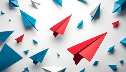 Bright red and blue paper airplanes flying together on a clean white background