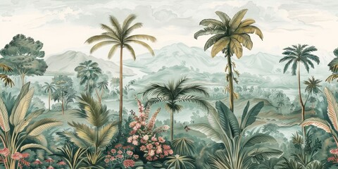 Wallpaper serene tropical landscape painting in pastel tones