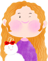 Cute Girl and Doll Winking – Hand Drawn Cartoon Character with Emotion