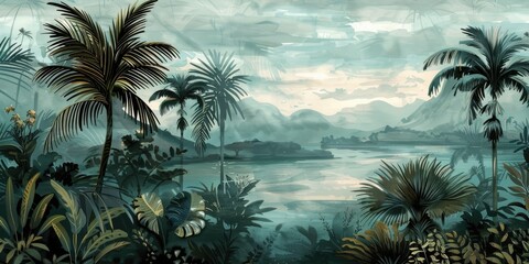 Wallpaper serene tropical landscape painting in pastel tones