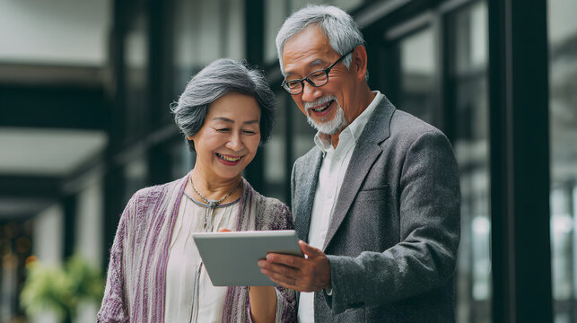 Elderly Japanese couple enjoying digital banking service on tablet with helpful bank staff, financial technology concept --ar 16:9