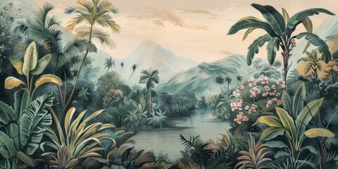 Wallpaper serene tropical landscape painting in pastel tones	
