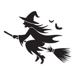 Vector art of a silhouette of a witch flying on a broom with bats, isolated on white background