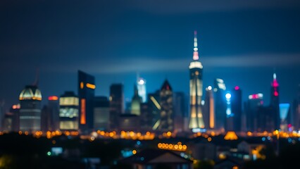 A vibrant city skyline illuminated by glowing lights against a softly blurred night backdrop.